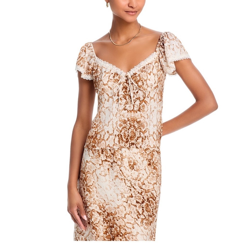 WAYF Melissa Lace Trim Top Brown Python Snakeskin Sweetheart Blouseโ XS